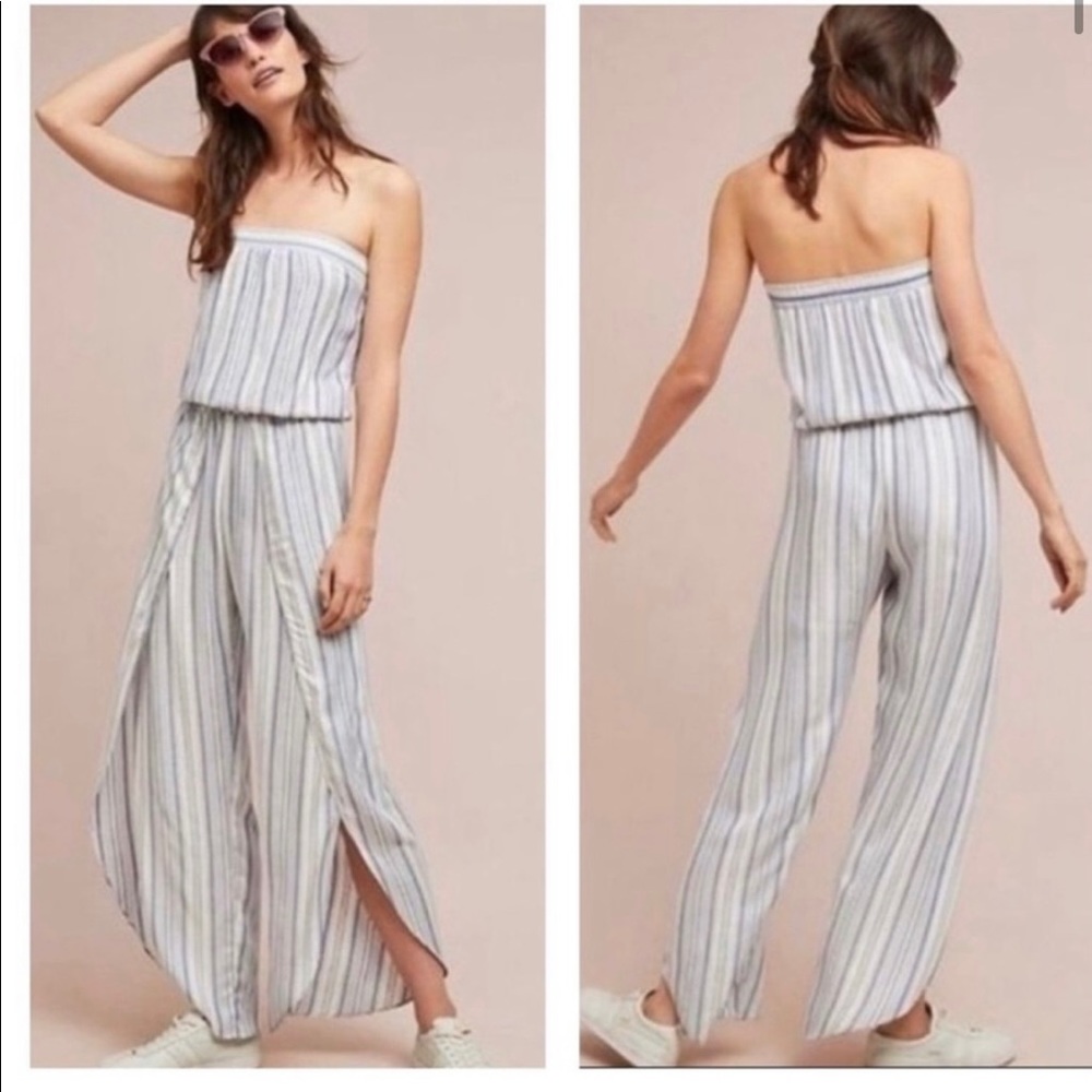 Anthropologie Drew Jumpsuit Strapless Striped Linen Split Tulip Boho P/S…